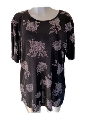 90s Essence Textured Rose Print Blouse Jersey Knit Stretch Rosette Plus Size 2XL